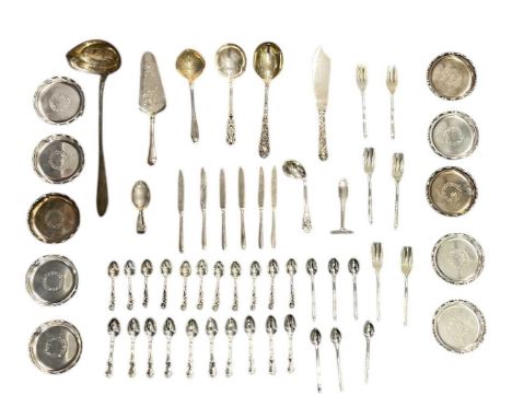 A small quantity of silver plated items, including a set of ten small circular dishes, all diameter 9.5cm, Alpaca ladle, Alpa