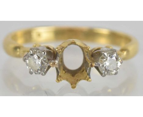 An 18ct yellow gold diamond set three stone ring (lacking central stone), size N, approx 3.5g.