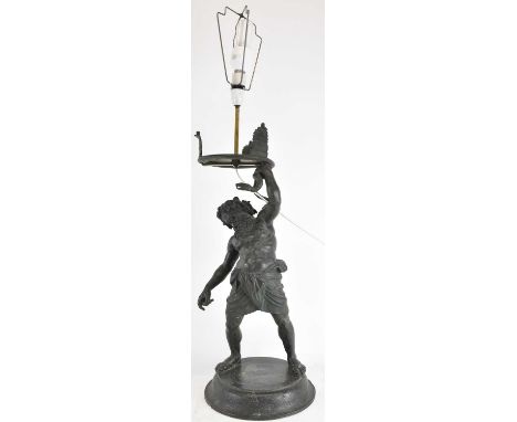AFTER THE ANTIQUE; a 19th century Grand Tour bronzed figure, 'The Drunken Silenus', modelled as a lamp on spreading circular 