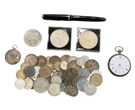 A silver cased open face pocket watch, the white enamel dial set with Roman numerals and subsidiary seconds dial (lacking fin