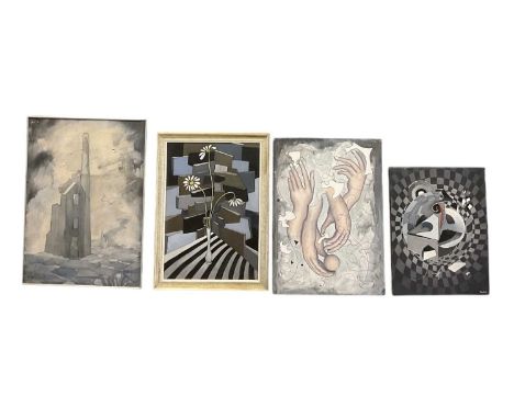 † RON WOOD (1922-2009); oil on board, abstract scene of an engine house, signed lower left, 60 x 42.5cm, framed, a further oi