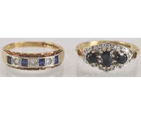 A 9ct gold ring set with four cushion cut sapphires and three white stones, size Q, and a 9ct gold ring set with three gradua