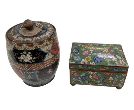 An early 20th century Chinese gilt metal cloisonné enamel lidded tobacco jar, height 15cm, (af), and a green ground rectangul