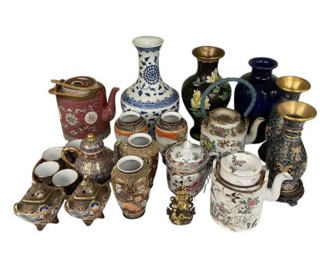 A collection of sixteen pieces of Chinese, Japanese and Oriental items, including a pair of gilt metal cloisonné enamel vases