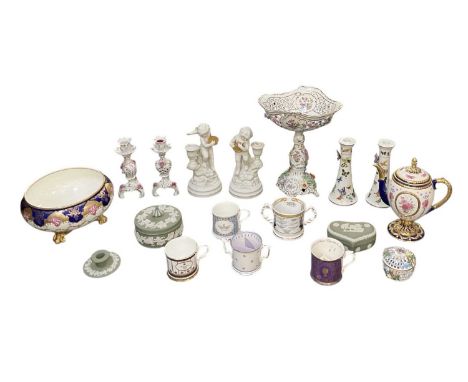 A collection of eighteen pieces of sundry modern ceramics, including a floral encrusted Dresden centrepiece, with pair of mat