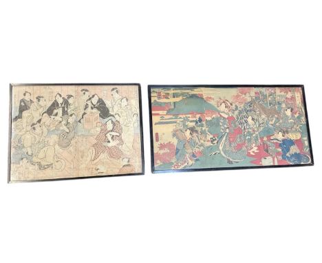 An early 20th century rectangular Japanese woodcut print depicting three interior scenes, 34.5 x 71cm, framed and glazed, and