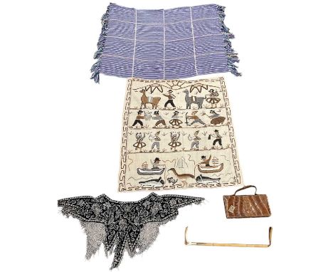 A group of mixed vintage textiles comprising a reptile skin clutch bag, unmarked, length 25cm, a cane riding crop, length 44c