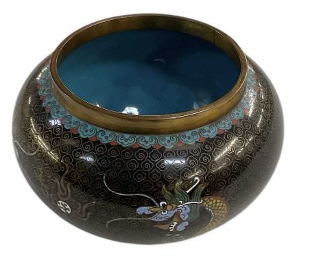 A modern Chinese gilt metal and cloisonné enamel censer, decorated with five-clawed dragon, height 9cm, diameter 13cm.