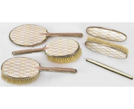 ALBERT CARTER; a George VI hallmarked silver and enamelled six piece dressing table set, including two hand brushes, two furt