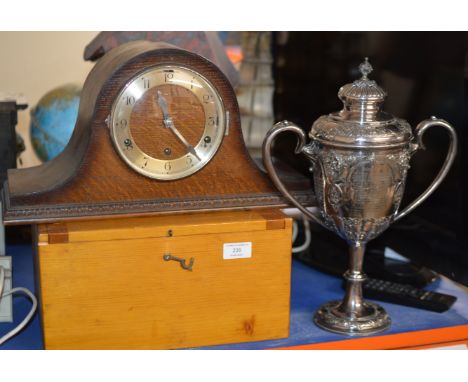 EP PRESENTATION LIDDED TROPHY, WOODEN BOX &amp; OAK MANTLE CLOCK     