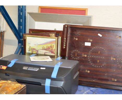 REPRODUCTION BAGATELLE BOARD, QUANTITY VARIOUS PICTURES &amp; PRINTER