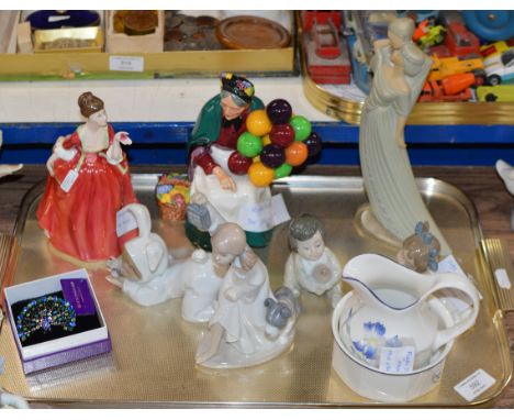 TRAY CONTAINING ROYAL DOULTON FIGURINE ORNAMENTS, VARIOUS NAO ORNAMENTS, DECORATIVE BROOCH PIN, SUGAR &amp; CREAM SET ETC    