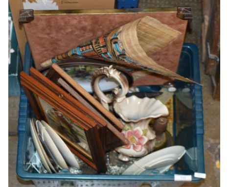 BOX CONTAINING VARIOUS SMALL PICTURES, CHESS BOARD, BRASS BELL, VARIOUS DISHES &amp; GENERAL BRIC-A-BRAC     