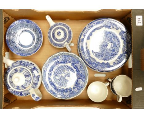 Woods blue &amp; white ware: Enoch woods scenery plates, willow patterned teapot, cups etc. (1 Tray)