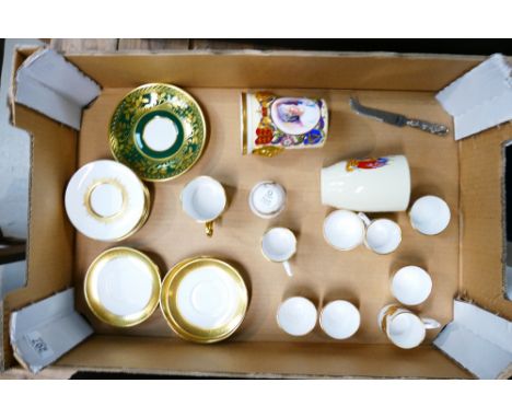 Mixed collection of ceramic items: Items to include Caverswall gilded coffee cans, saucers, similar commemorative tankard, et