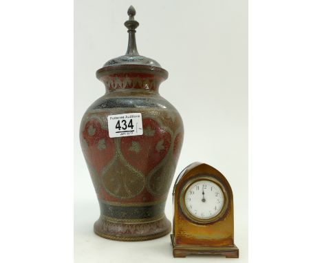 Islamic decorated enameled brass lidded jar together with trench art small copper mantle clock(2)
