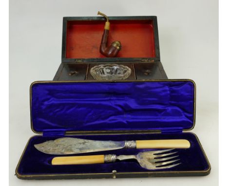 Rosewood Victorian Tea Caddy: Rosewood Tea Caddy plus continental smoking pipe and cased fish servers.  