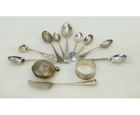 Miscellaneous silver items: Hallmarked silver items to include a napkin ring, bell, 9 spoons and a fork. Weighs 199.8g 