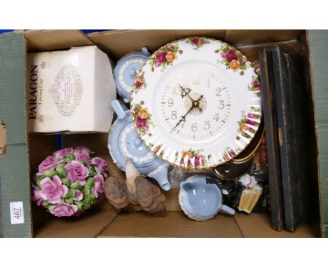 Mixed Collection: includes Wedgwood Queensware, old country rose wall clock, Carltonware two handled long dish, Paragon lovin