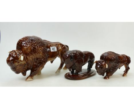 Two Melba Ware Buffalo Bison Figures: Large and Small, and Another Similar on Wooden Plinth. (3)