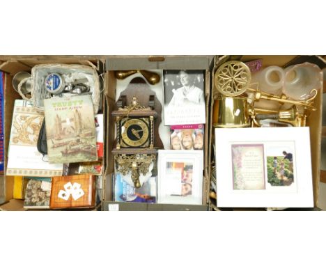 Wooden &amp; Brass clock: Stamp  album, playing cards, books, dvds, brass items, etc. (3 Trays)