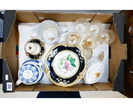 A mixed collection of 19th Century Ceramic and later glassware: Items to include lidded Spode type jug, hand painted Tazza de