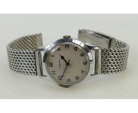Vintage Longines 1940's RAF military steel wristwatch, the reverse inscribed "Fond Acier Inoxydable" with steel strap