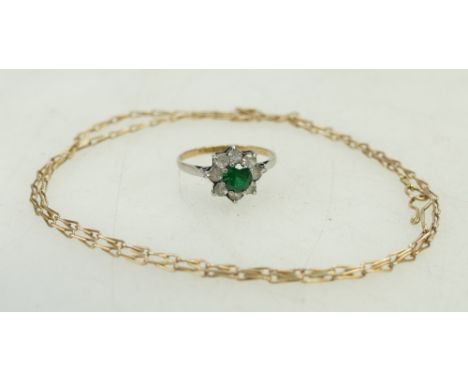 9ct gold necklace and ring:, 9ct and silver ring set with green stone,1.9 grams and 9ct necklace, 2.3 grams (2)