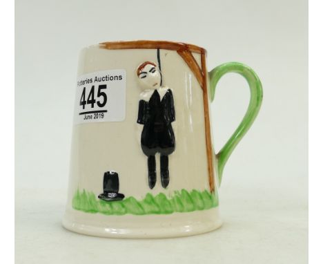 Carltonware 'Hanging Man' mug: A mug by Carltonware depicting a man hanging from gallows, along with a poem about drinking to