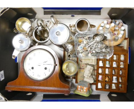 A collection of items to include: Mahogany mantle clock, Silver plated spoons and tea set, small selection of collectable thi