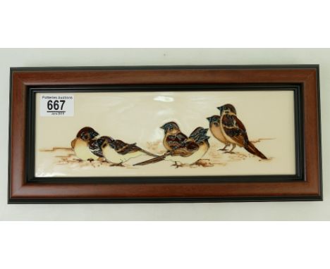 Moorcroft Treesparrow Plaque: Plaque signed by designer Kerry Goodwin. Numbered Edition 603, shape PLQ3. First in quality.