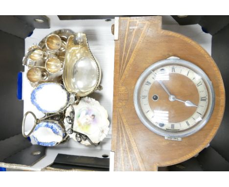 Art Deco Inlaid Mantle clock: silver plated large gravy boat, Silver plated and porcelain serving items 