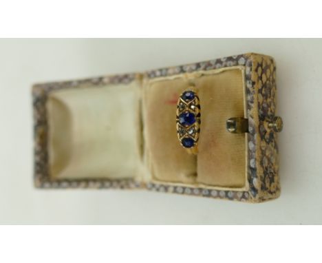 18ct gold Sapphire &amp; Diamond ring: Chester hallmarked ring set with Sapphires &amp; Diamonds, 1 diamond missing. Gross we