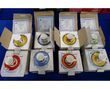 Wedgwood Clarice Cliff: Set of Eight Café Chic Coffee Cans &amp; Saucers - Blue Firs, Summerhouse, Autumn, Windmill, Red Tree