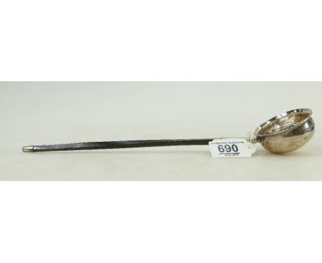 Silver Toddy Ladle: Ladle with Whale bone handle and coin dated 1723 in base of dented bowl. 30.5cm 