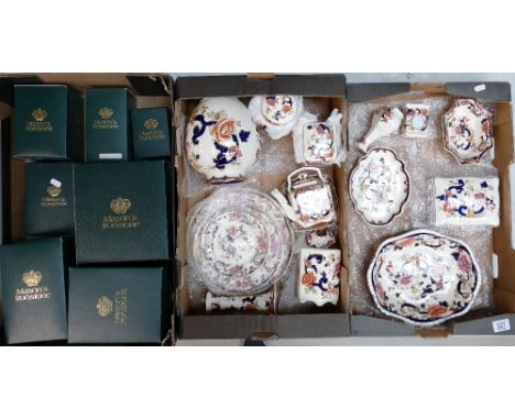 A large collection of Masons Blue Mandalay patterned items to include : Ginger jar, Large vase, lidded pots, mantle clock( ma