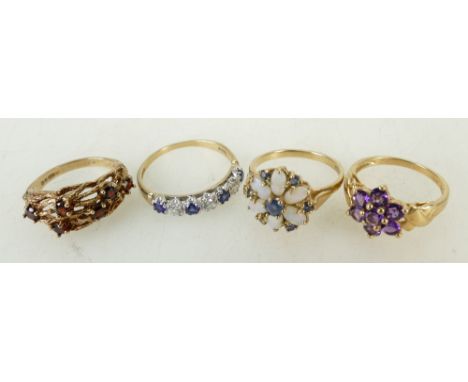 Collection of 9ct gold rings: Four 9ct gold gem set rings, including Opal, Amethyst, Sapphires etc., gross weight 12.6g