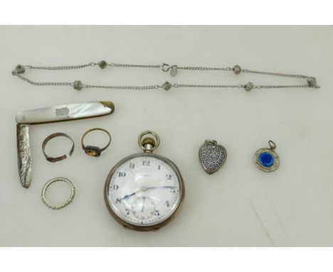 Silver case gents pocket watch etc: Watch (not working), together with silver coloured metal jewellery, silver bladed fruit k