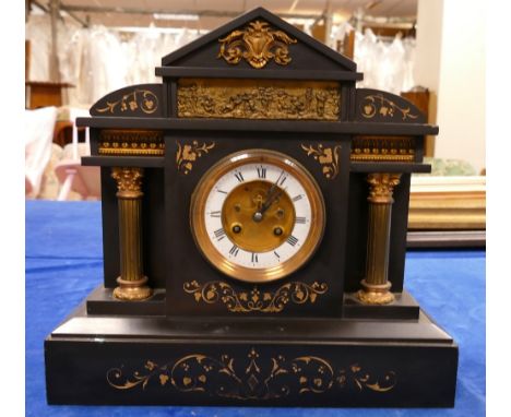 Large Slate Mantle Clock: Side return missing, visible escapements 