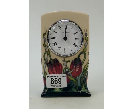 Moorcroft Pretty Penny Clock: Clock designed by Rachel Bishop. Shape CL1. height 16cm. First in quality.