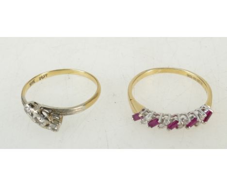 Two gold rings: 18ct Diamond 3 stone ring &amp; Ruby &amp; Diamond ring, sizes R &amp; T, gross weight 5g. (2)