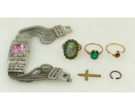 Collection of jewellery: 18ct gold &amp; amethyst ring, 9ct opal &amp; green stone cluster, 9ct green stone ring &amp; Picado