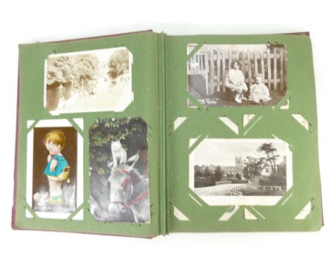 Album of 66 earlier postcards: Cards include R/P cards of Keele Hall Staffordshire, The Terrace Roker with tram, artist drawn