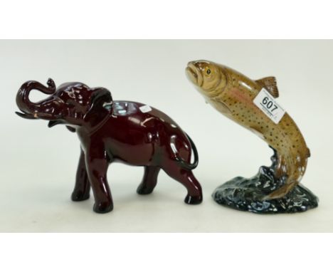 Beswick Trout 1032 &amp; Royal Doulton Flambe Elephant: with trunk in salute (tip of trunk missing) 