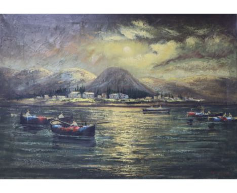 K E Guw (?), oil on canvas, 'Lake Tiberias', 51 x 71cm