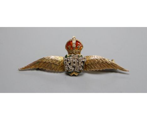 A 9ct gold, enamel and diamond set RAF sweethearts brooch, 51mm.
