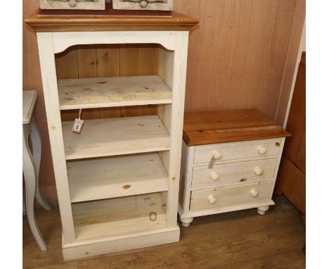 A Victorian style white painted three drawer bedside chest, with pine top and a four shelf open fronted cupboard (2) Cupboard