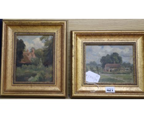 English School c.1900, oil sketch on board, Cottage and lane, 13.5 x 16.5cm, and British School c.1900, oil sketch on board, 