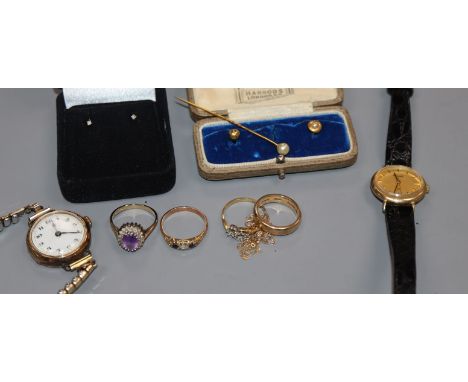 Two 9ct gold-cased wristwatches and a small collection of gold jewellery, including two 18ct gold dress studs, a 9ct gold wed