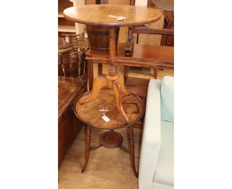 A Victorian mahogany dish topped occasional table, on three turned splayed supports and a Regency oak circular topped table l